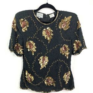 Vintage Sequin Top Womens Size Small Disco Cocktail Party Cocktail Black Gold